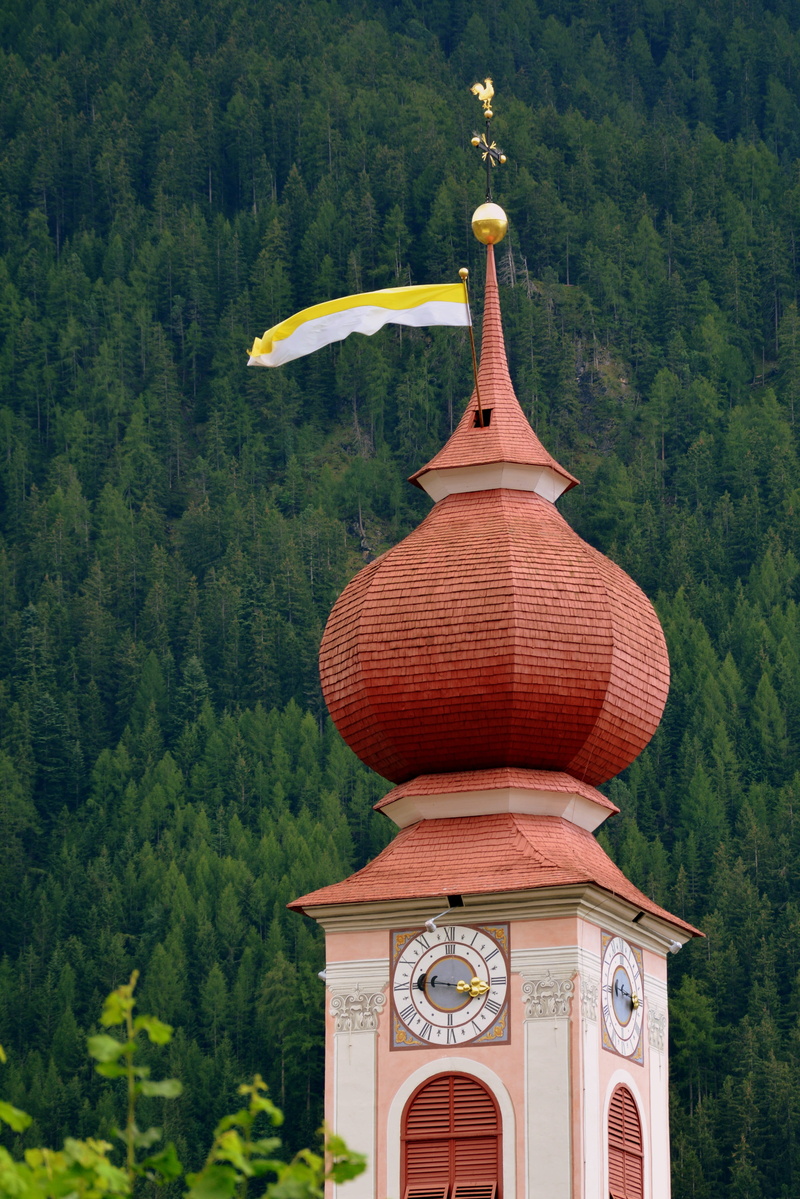 campanile, green color, architecture, clock, outdoors, history, watch, forest, plant, valgardena, ortisei, religion, shrine, building exterior, building
