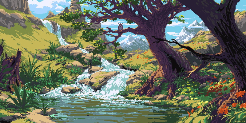 landscape, waterfall, pixel art, 1080P, pixelated, artwork, Philipp A. Ulrich, digital art, trees
