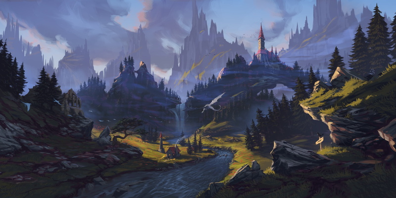 clouds, house, Philipp A. Ulrich, digital art, artwork, landscape, river, 2K, rocks, dragon, trees, castle