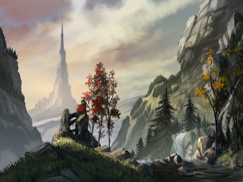 digital art, trees, mountains, waterfall, 1080P, Philipp A. Ulrich, artwork, old building