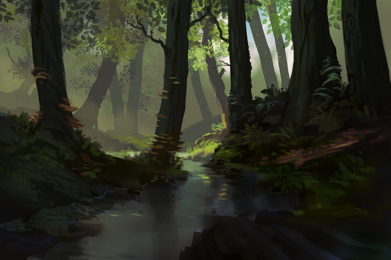 tree stump, water, digital art, 2K, artwork, landscape, forest, trees, Philipp A. Ulrich