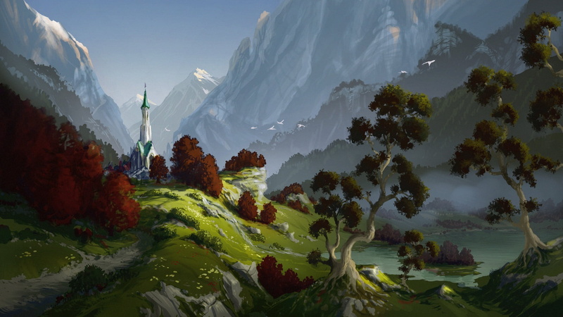 trees, 1080P, Philipp A. Ulrich, landscape, digital art, water, sky, mountains, artwork, building