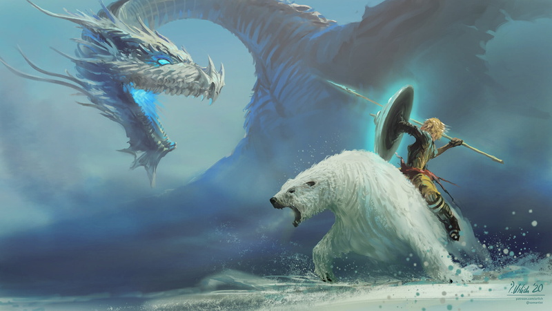 warrior girls, winter, dragon, Philipp A. Ulrich, 1080P, polar bears, fantasy art