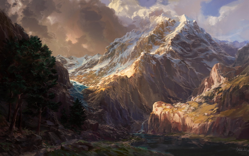 digital art, clouds, mountains, landscape, Philipp A. Ulrich, trees, 4K