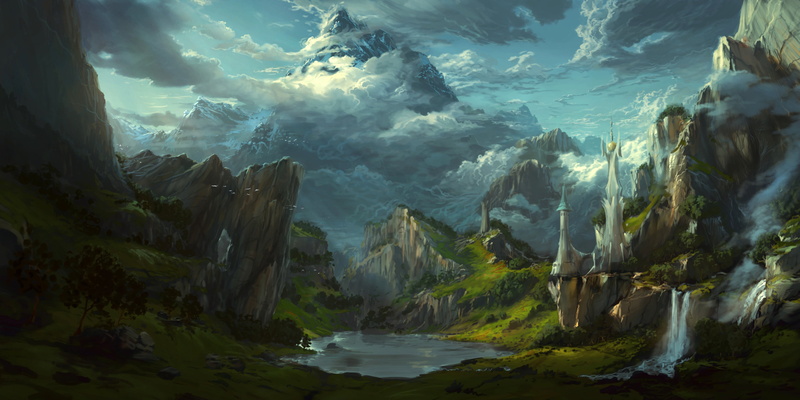 Philipp A. Ulrich, landscape, mountains, castle, 4K, clouds, trees, digital art