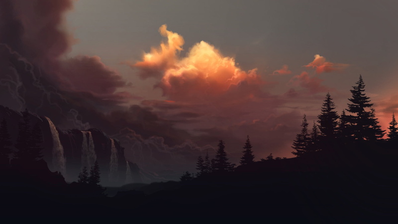 clouds, artwork, waterfall, trees, sky, digital art, sunlight, 1080P, Philipp A. Ulrich