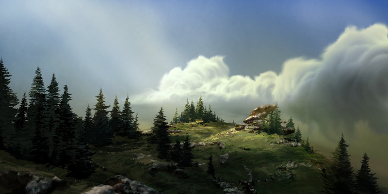 artwork, sky, rocks, digital art, trees, Philipp A. Ulrich, 1080P, clouds