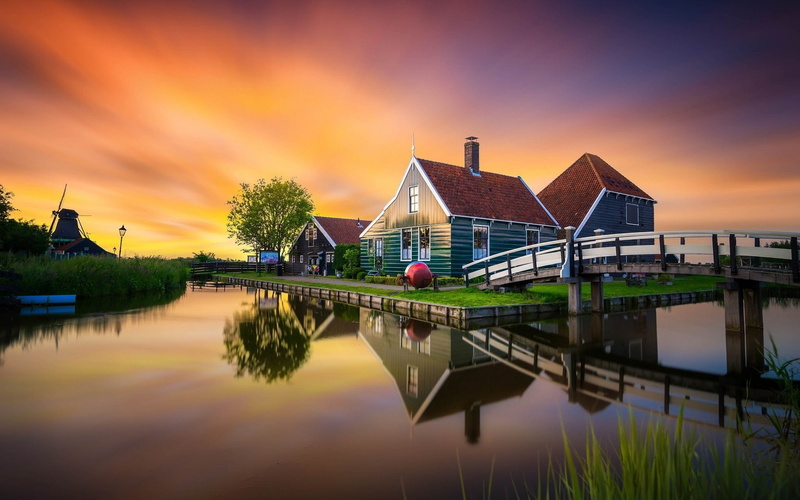 Netherlands, bridge, sunset, Zaanse Schans, mill, river, house, 1080P