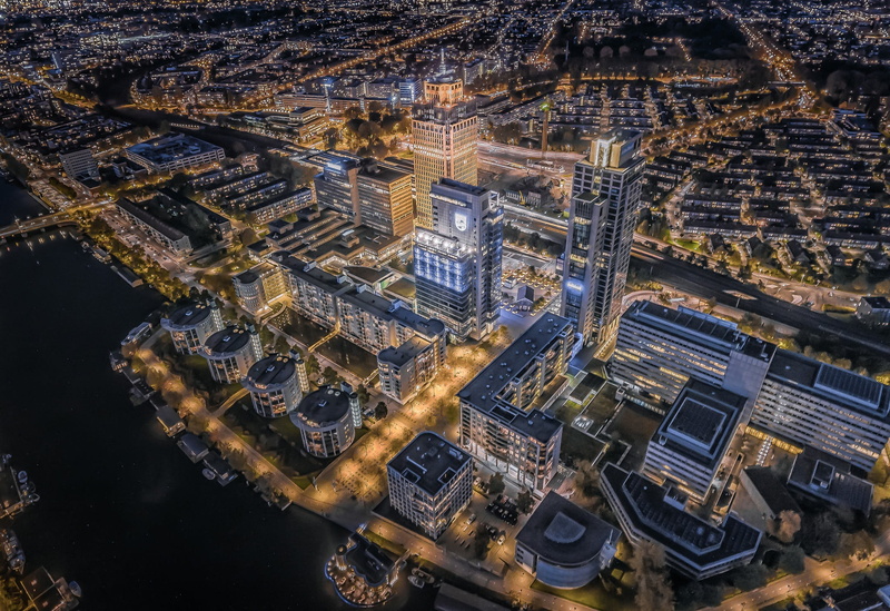 Segas, panorama, river, building, night city, the Amstel river, Zuidas, Netherlands, Amstel River, 1080P, Amsterdam