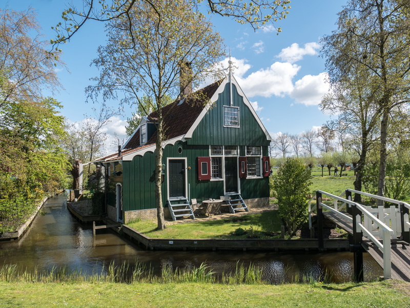 zaandam, canal, connection, tree, built structure, house, building, zaanse schans, 4K, sunny, wooden, no people, nature, plant, wood, dutch, netherlands
