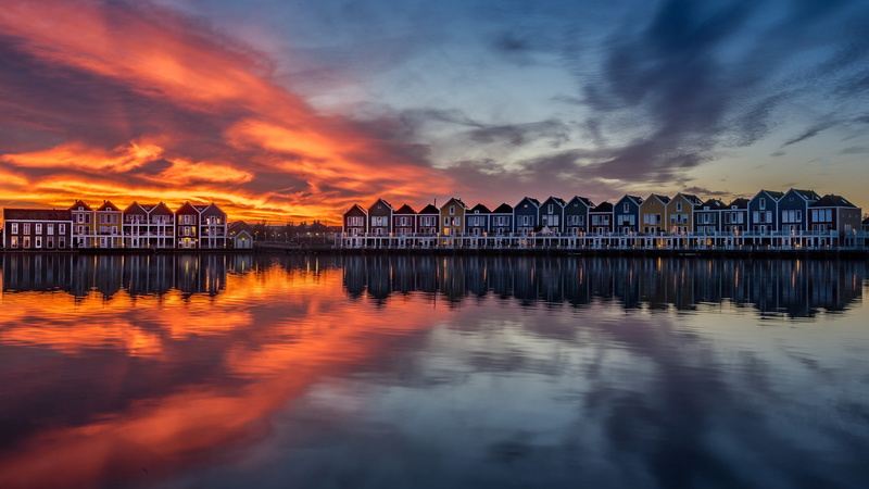 sunset, water, Amsterdam, 2K, Sun, reflection, Netherlands, building