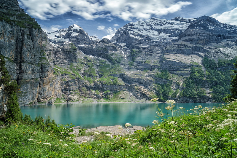 outdoors, nature, tranquil scene, day, The Bernese Alps, white, idyllic, Oeschinensee, Switzerland, reflection, lake, beauty in nature, plant, water, Bernese Oberland