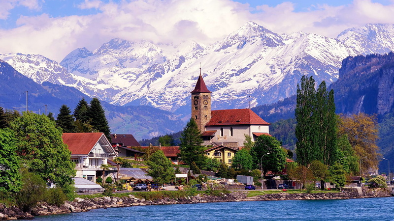 brienz, bernese oberland, bernese oberland region, mountain, europe, alps, 1080P, church, lake brienz, nature, lake, switzerland, cosy village, mountain village
