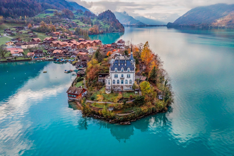 village, Lake Brienz, lake, Bernese Oberland, castle, Switzerland, mountains, the Peninsula, home, Iseltwald, 1080P