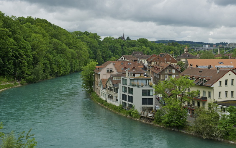 House, Cloudy, Switzerland, Trees, Sky, 1080P, River, Bern
