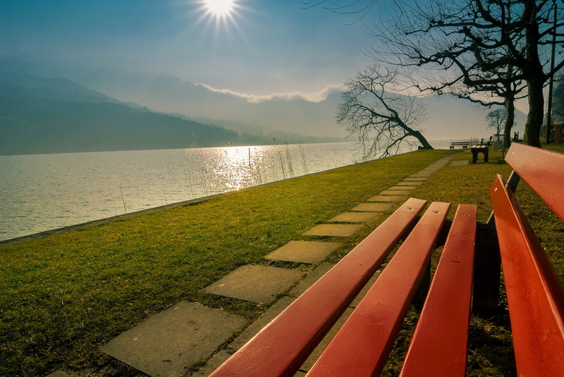 park, lucerne, red, 1080P, the mountains, lake, Lake Lucerne, wooden, the sun, Switzerland, bench