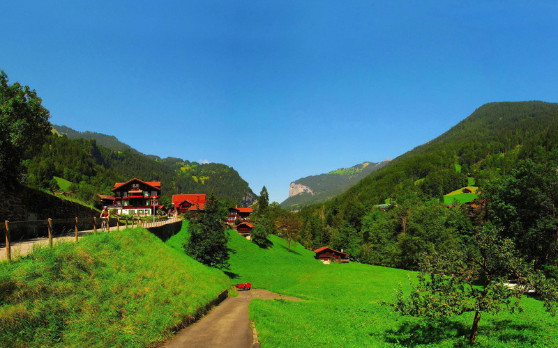 grass, europe, 2880x1800, mountains, switzerland, village, 2K, world, field