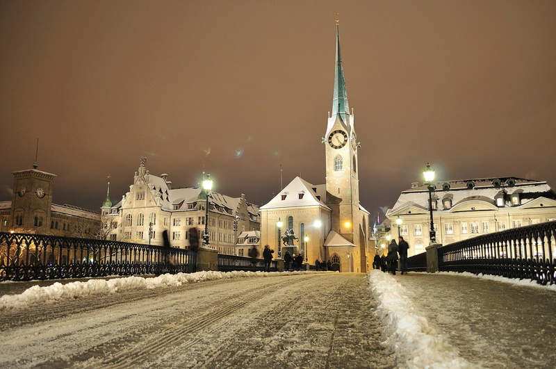 bridge, people, concrete, tower, Switzerland, white, snow, Zurich, winter, night lights, 1080P, houses, church