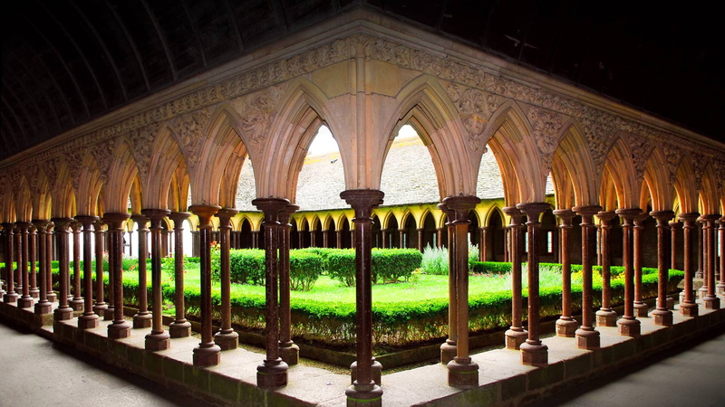 Normandy, the monastery, 1080P, France, yard, Abbey, Mont-Saint-Michel, garden