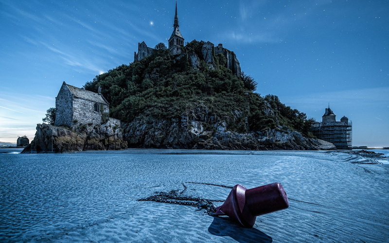 the past, cloud - sky, nature, Mont Saint-Michel, water, tranquil scene, night, France, travel destinations, history, digital art, landscape, sky, architecture