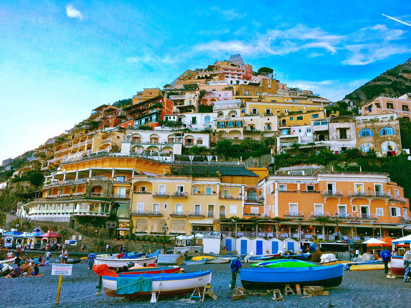 transportation, water, boat, positano, italy, mode of transportation, harbor, city, day, residential district, nature, architecture, nautical vessel, sky