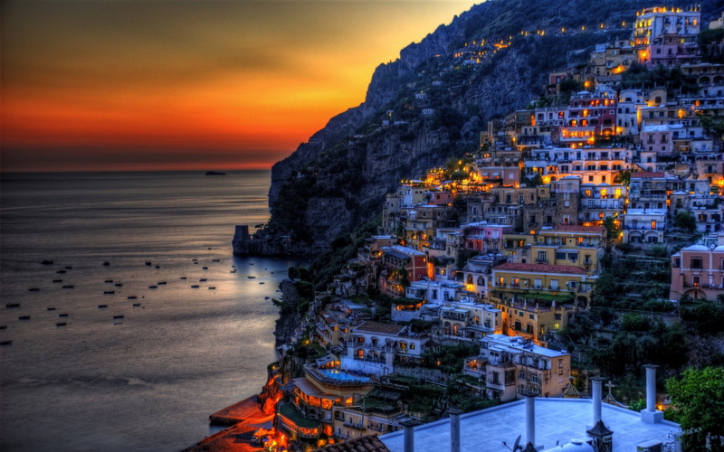 Italy, Coast, Town, House, Positano, 720P, Man Made, HDR, Light, Ocean, Night, Towns