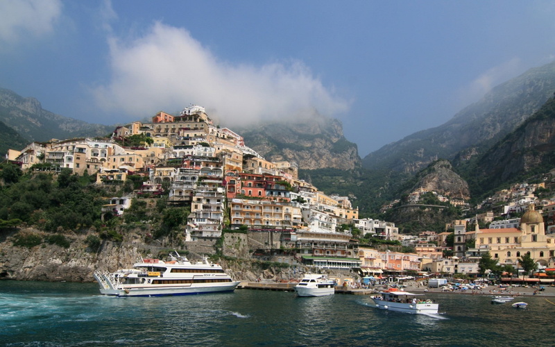 white, sky, sea, residential district, transportation, water, 1080P, building exterior, crew, positano, landscape, architecture, day, ship, mode of transportation