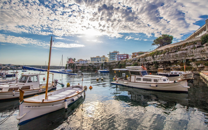 Clouds, 1080P, Menorca, Dock, Houses, Boats, Spain, Sea