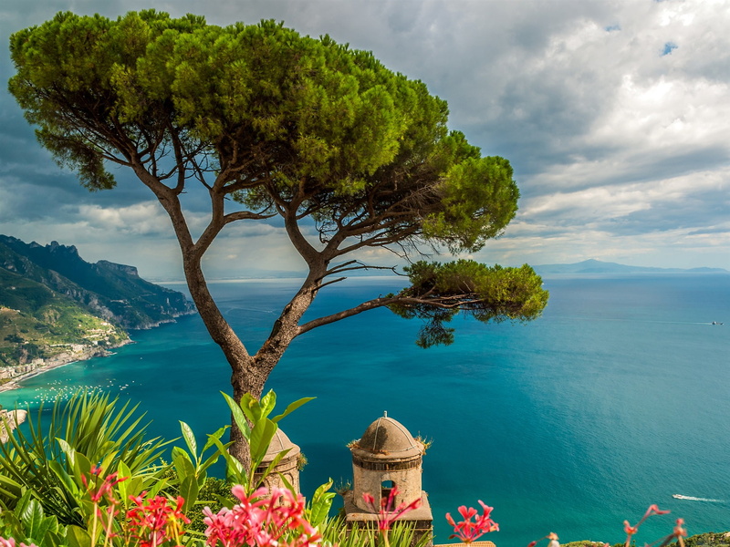 green, brown, Sea, Trees, illustration, 1080P, tree, Ravello, Boat, Mountains, Italy, Blue