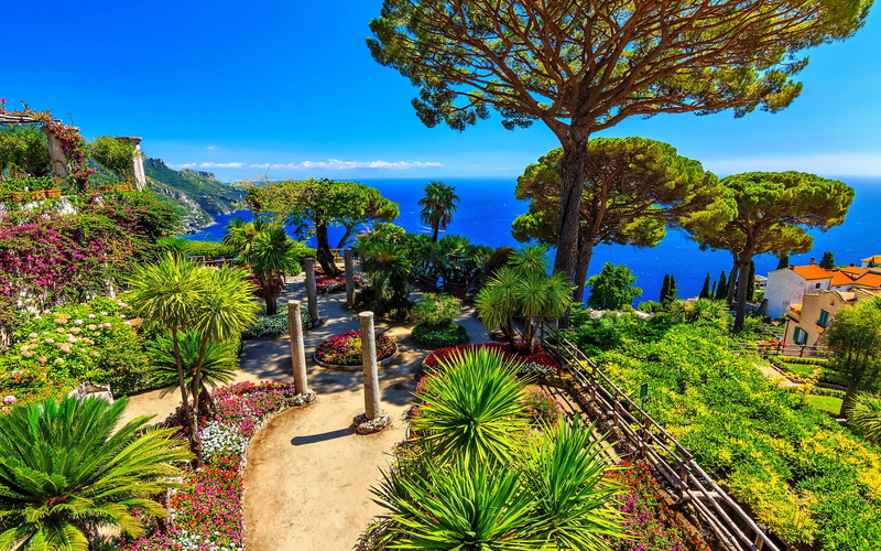 tranquility, day, tranquil scene, tree, tropical climate, amalfi, hd, edge, sea, long, italy, plant, sorrentin, along, green color, 4K, outdoors, beauty in nature