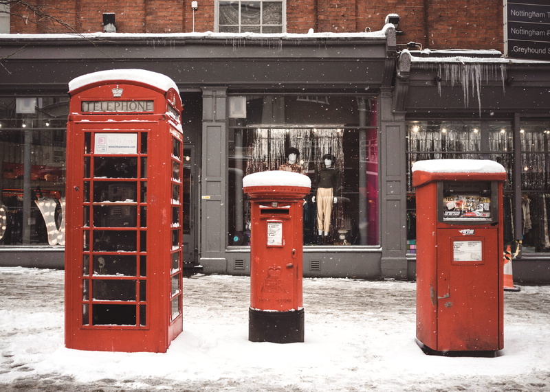 snowy scene, background, mail, public mailbox, no people, building exterior, british, nottingham, red, urban snow, mailbox, outdoors, correspondence, urban