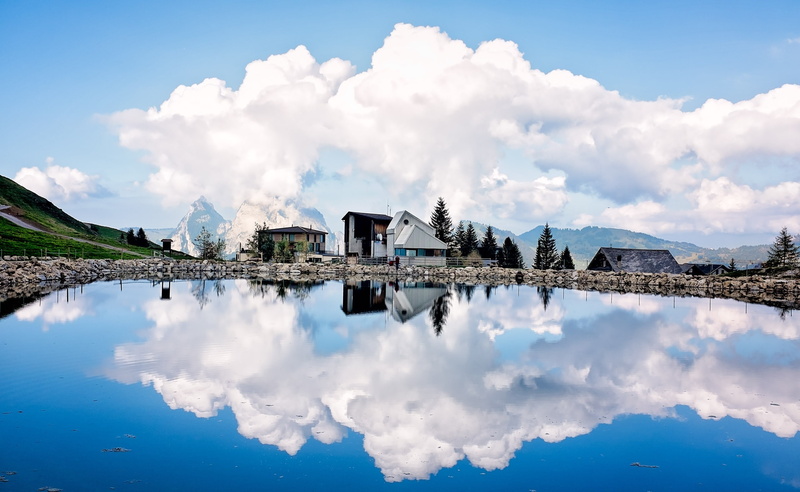 Water, architecture, cloud - sky, wooden, Cumulus, Fuji, 2K, schwyz, Lake, Reflection, x100s, Clouds, Switzerland, nature, white color, tranquil scene