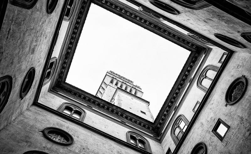 city, tower, architecture, obsolete, low angle view, Vecchio, day, history, Fuji, x100s, clear sky, built structure, White, palazzo, sky, Black, Black and White