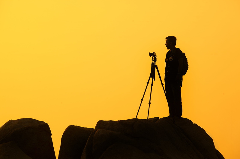 yellow, standing, nature, sky, men, orange color, adults only, photographer, shadow, rock, man, full length, silhouette, tripod, 5K, camera, rock - object