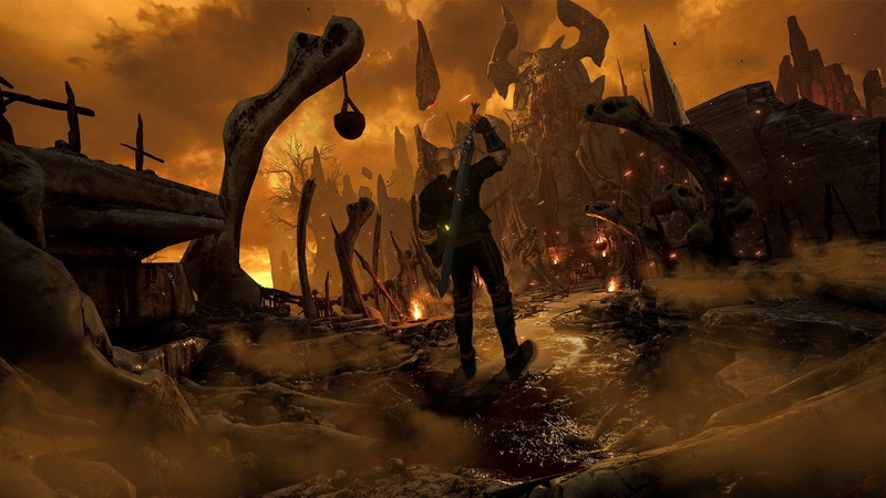lights, the game, 1080P, chaos, destruction, fires, doom, game, evaporation, фантастический арт, fantastic art, lone warrior, bonfires, vapors, врата ада