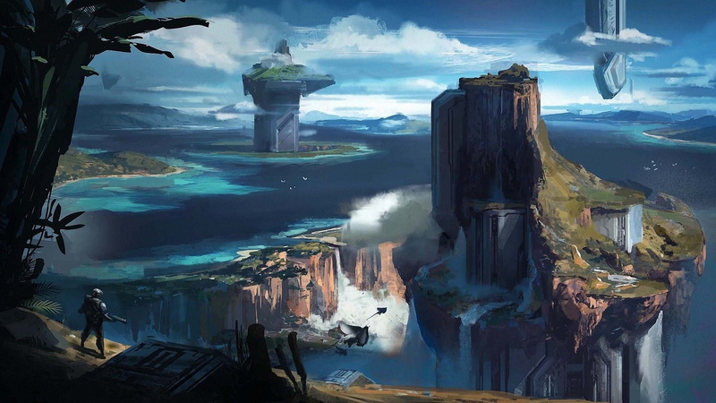 clouds, another world, fantasy art, 1080P, the sky, sky, space, future, lone warrior, river, waterfall