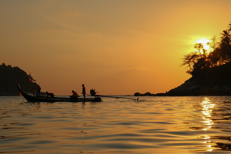 fisherman, real people, sky, sea, kata beach, golden water, golden sunset, 5K, karon, transportation, thailand, orange color, lifestyles, reflection, nature