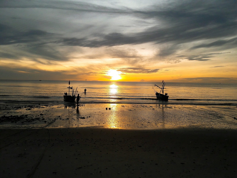 fishing, thailand, boat parking, orange color, hua hin beach, reflection, prachuap khiri khan, sky, the gulf of thailand, transportation, beach, sun, nautical vessel