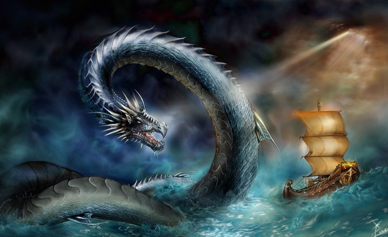  sea dragon, no people, environment, artwork, 1080P, sea, one animal, religion, night, celebration, cloud - sky, Fantasy, digital, ominous, animals in the wild