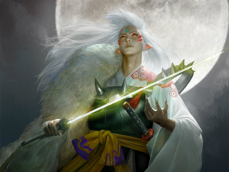 Sesshomaru, Sangsoo Jeong, art, armor, the full moon, katana, long white hair, 1080P, the demon, lights, night, Inuyasha, looking up