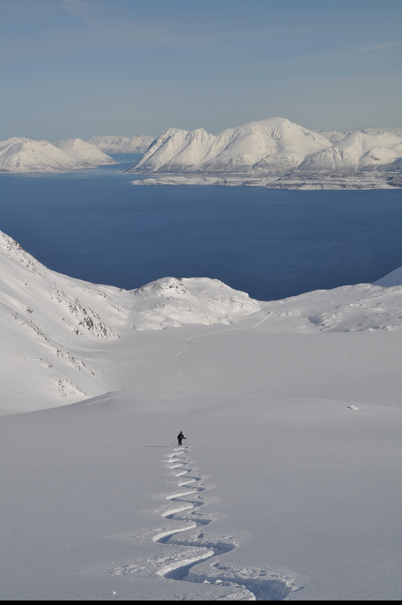 touring skis, norway, day, snowcapped mountain, water, beauty in nature, lyngen, tranquil scene, sky, ski, mountain, non-urban scene, tranquility, frozen