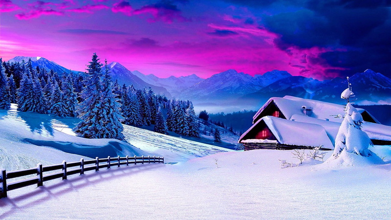 nature, snow, sky, mountain range, cloud, mountain, 1080P, forest, house, snowy, pine, blue, winter, freezing
