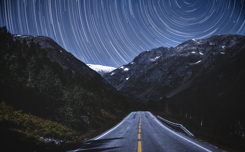 night, Road, exposure, sky, tranquil scene, 5K, Photoshop, mountain range, mountain, space, noruega, road marking, concrete, symbol, direction