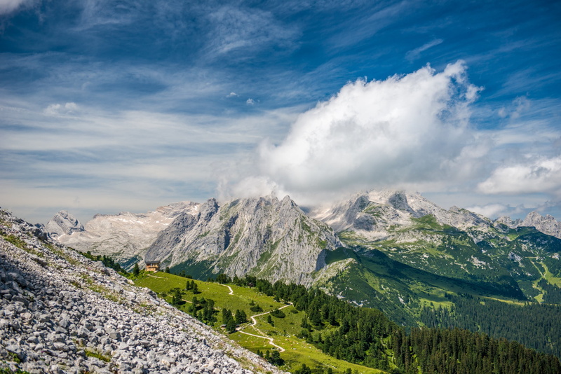 mountain landscape, alpine, tranquil scene, green color, clouds, schachen, outdoors, no people, zugspitze massif, zugspitze, mountains, zugspitze mountain