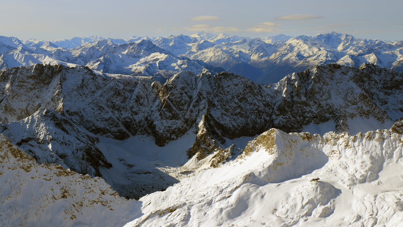 zugspitze, outdoors, snow, high up, ice, alpine mountains, mountains, sunshine, environment, cloud - sky, cold temperature, beauty in nature, panorama
