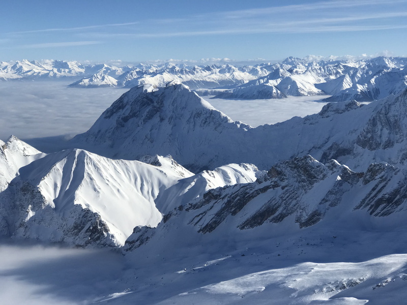mountain, bavarium, no people, aerial, view, cloud - sky, clouds, sky, zugspitze, sun, mountain range, idyllic, snowy, tranquil scene, winter, snow, non-urban scene