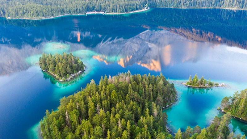Bing, 1080P, lake, Zugspitze, Germany, nature, trees, reflection, island, landscape