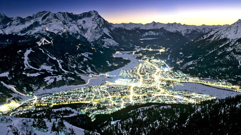 Bayern, 1080P, Garmisch-Partenkirchen, valley, winter, Germany, mountains, lights