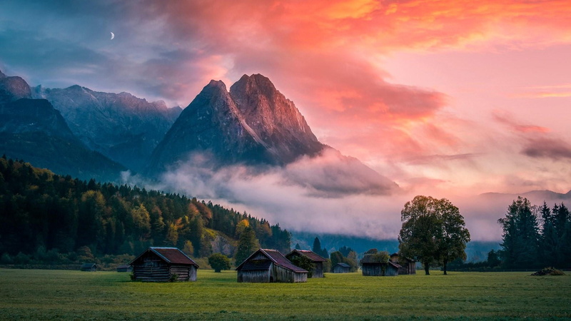 landscape, outdoors, scenics - nature, alpspitze, mountain village, architecture, germany, beauty in nature, meadow, environment, cabin, alps, plant, garmisch-partenkirchen