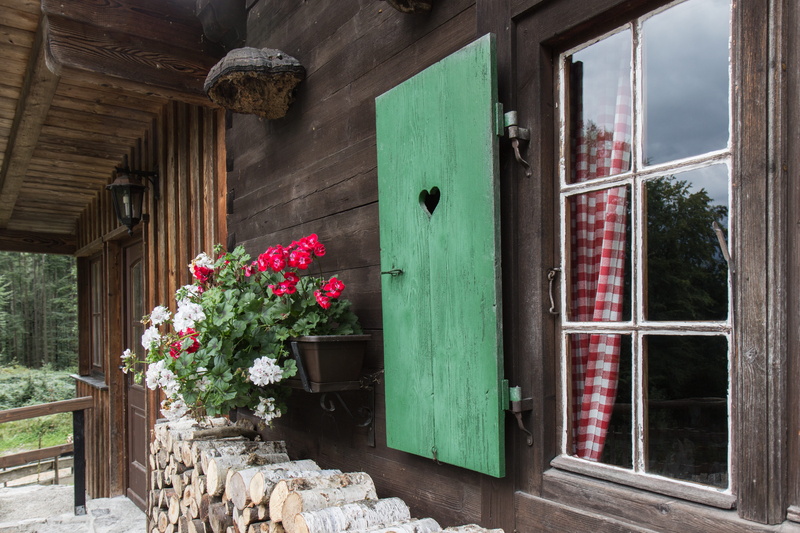 flowers, outdoors, mountain hut, snack, flowering plant, no people, house, built structure, window box, wooden windows, eat, potted plant, nature, alpine